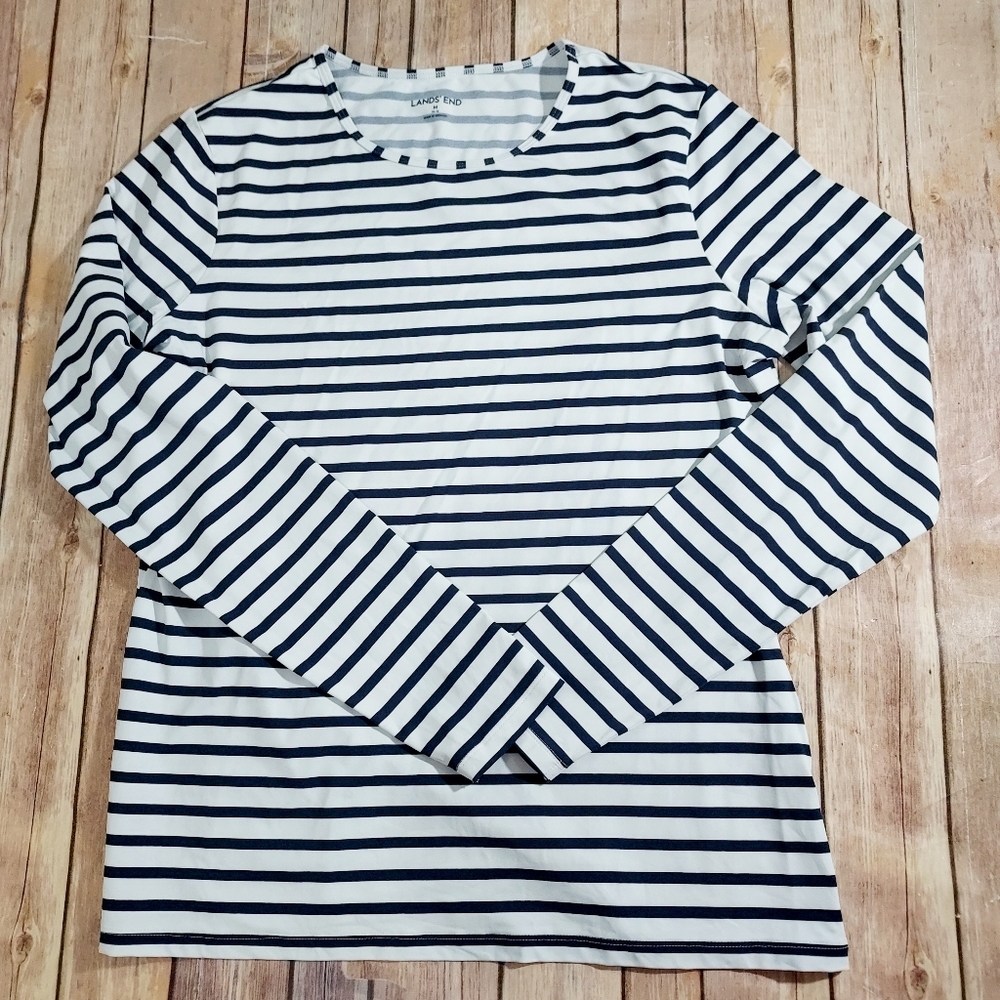 Lands End Navy White Stripe Long Sleeve Rashguard Swim Top M 10-12 - Picture 8 of 8